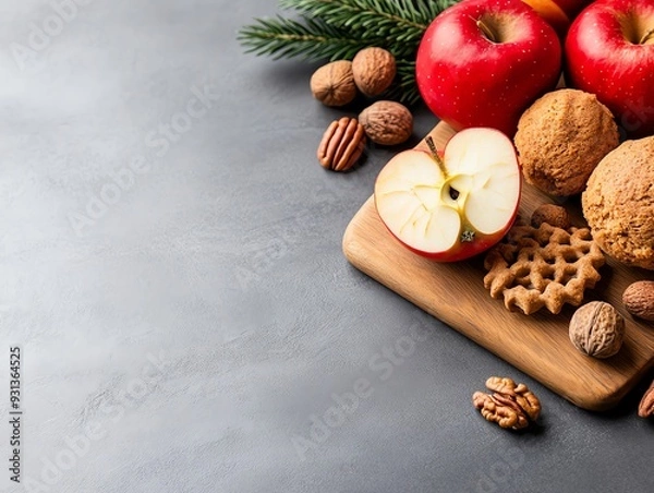 Fototapeta Holiday desserts with spiced apples and nuts, focus on Thanksgiving baking and sweet treats, rustic kitchen