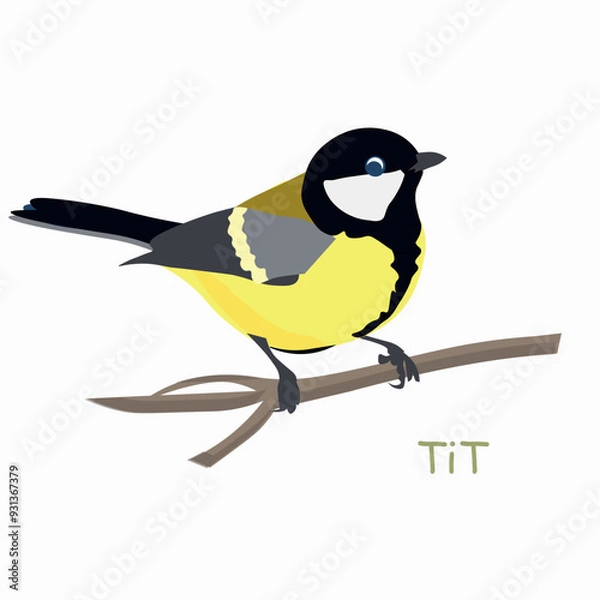 Fototapeta Great tit on branch object isolated stock vector illustration for web, for print, for fabric print, for wallpaper.