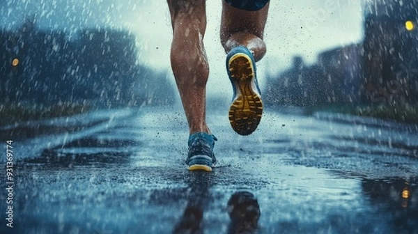 Fototapeta A runner pushes through heavy rain, determined to maintain pace along a wet urban road, showcasing their commitment to fitness