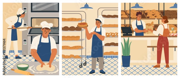 Fototapeta Bakers working at bakehouse vector scene set