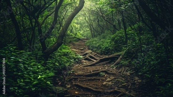 Fototapeta A forest path with trees and bushes