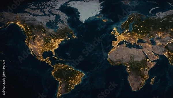 Fototapeta A world map with lights on the top
