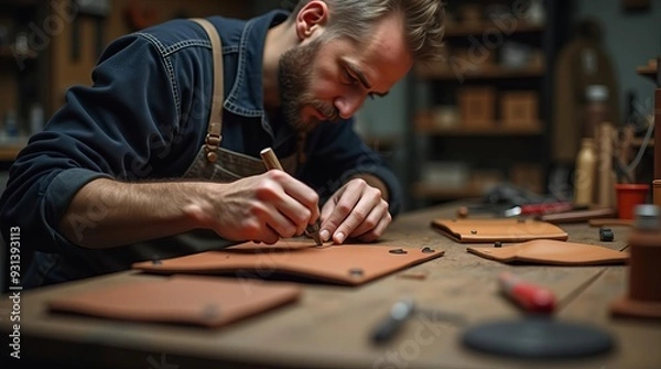 Obraz Skilled Leather Artisan: Craftsman Working on Handmade Leather Product in Workshop