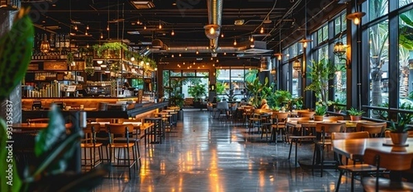 Fototapeta Modern restaurant interior with wooden tables and chairs, a bar, and green plants. The space is bright and airy with large windows.