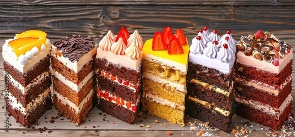 Fototapeta Six different slices of layered cake with various toppings and fillings, displayed on a rustic wooden surface. A variety of flavors and textures are visible.