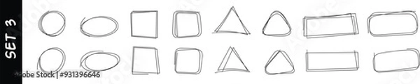 Fototapeta Hand drawn line scribble frames including circles, squares, triangles and rectangles shapes for doodle and cartoon style