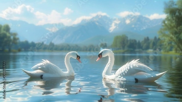 Fototapeta Two Swans Facing Each Other on a Tranquil Lake with Mountains in the Background