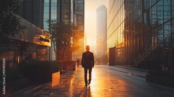 Fototapeta Hyper-realistic image of a man in a suit walking reluctantly towards an office building in the early morning.