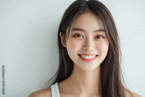 Obraz Asian woman positive smile on white background, beauty positive smile