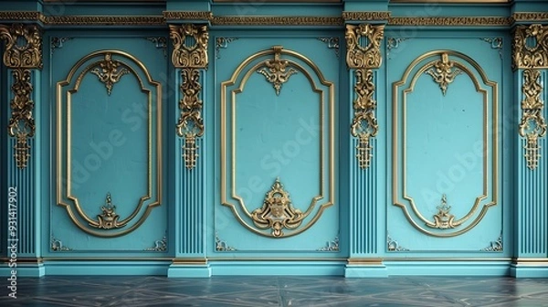 Fototapeta Luxury room interior with golden molding decor and blue wall in vintage style Classical architecture background mockup : Generative AI