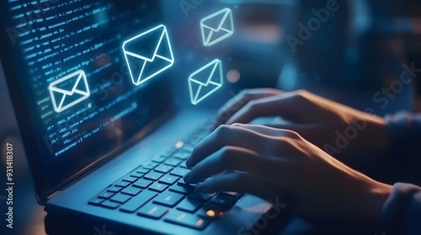 Obraz Hands typing on a keyboard, holographic email notifications popping up, cool blue ambient light, sleek modern office, efficient and productive mood