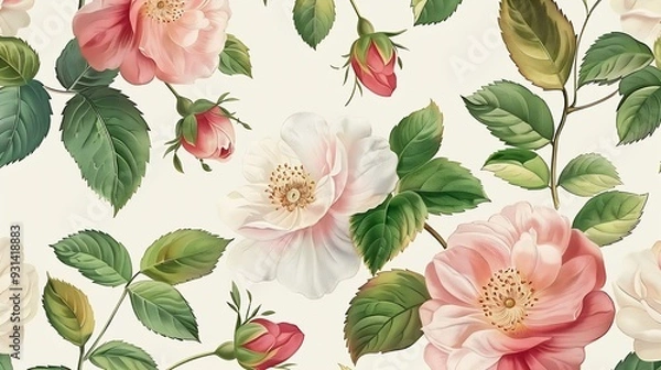 Fototapeta Seamless pattern with spring flowers and leaves Hand drawn background floral pattern for wallpaper or fabric Flower rose Botanic Tileall over print for textile and paper print : Generative AI