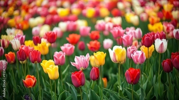 Obraz A field of tulips in full bloom, stretching as far as the eye can see. The flowers are arranged in neat rows, showcasing a spectacular array of colors, from deep reds 