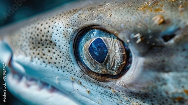 Fototapeta Close-up of a shark's eye with a blue iris and a reflection of the ocean