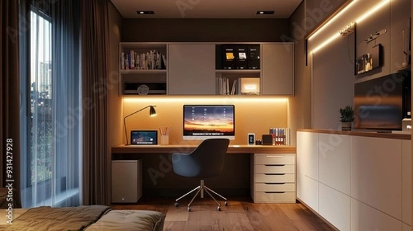 Fototapeta A stylish home office setup where an individual controls the room’s lighting, temperature, and smart devices using a tablet. The environment is optimized for productivity and comfort, with smart 