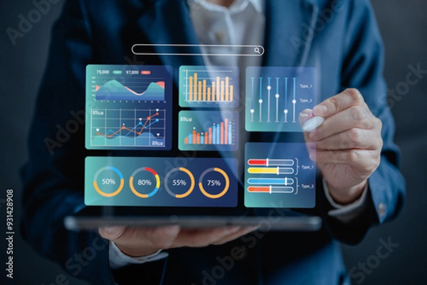 Fototapeta Businesswomen analyze chart data business on a visual screen dashboard laptop, technology devices and screens visible in the background, financial planning, market research, KPI, and the stock market.