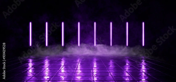 Fototapeta Black background. Smoke or fog on dark wet tile background. Garage or hangar with purple neon light. Dark street with fog or smoke. Cement floor with fog and smoke. 3D rendering.