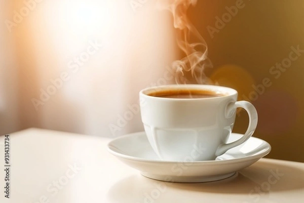 Obraz A cup of steaming hot coffee on a wooden table, creating a warm and inviting atmosphere, perfect for morning and relaxation concepts.