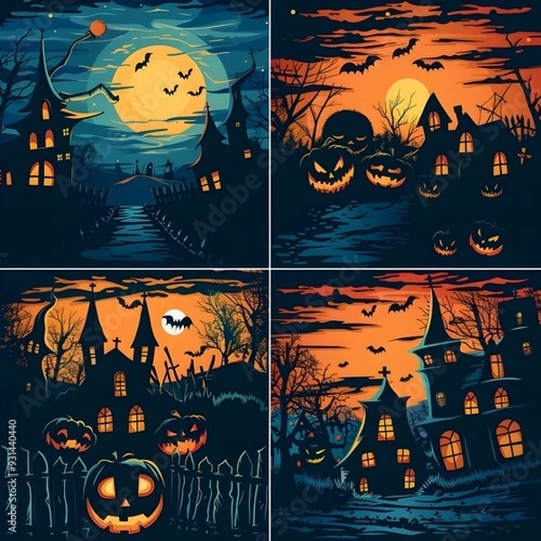 Fototapeta Spooky Halloween Landscape with Haunted Houses  Glowing Pumpkins  and Bats in the Moonlit Sky