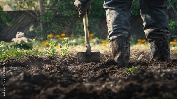Fototapeta A gardener works diligently, turning rich soil to prepare for planting vibrant flowers in a lush garden setting