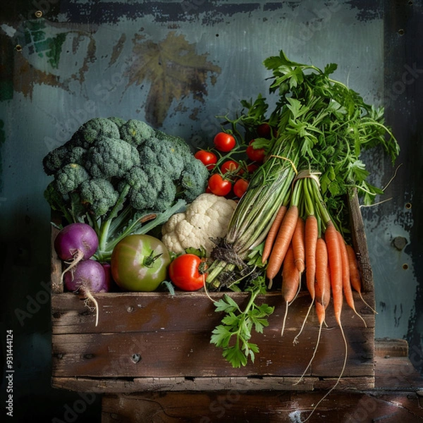Fototapeta Fresh and organic vegetables in a wooden table with natural light 