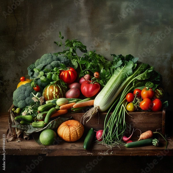 Fototapeta Fresh and organic vegetables in a wooden table with natural light 