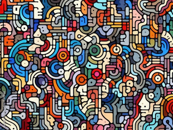 Fototapeta A multitude of abstract, interconnected faces in various colors, resembling a jigsaw puzzle pattern