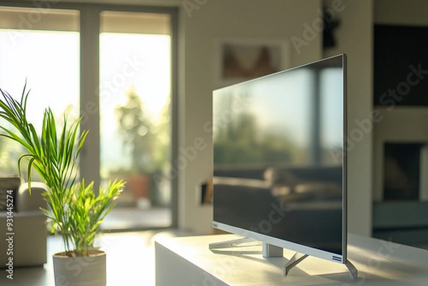 Obraz A modern, sleek television screen in a well-lit living room with natural light pouring in through the windows. The image emphasizes contemporary interior design and technology.
