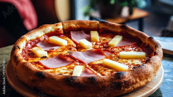 Fototapeta Delicious Chicago-style deep-dish Hawaiian pizza topped with ham, sliced pineapple, and melted cheese. Perfect for food lovers and culinary visuals. 