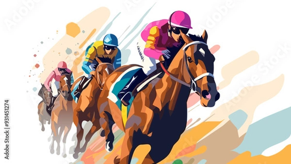 Fototapeta Horse racing tournament flat style colorful vector illustration with 3 jockeys sprinting with horses.