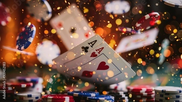Obraz A pair of aces, hearts and clubs, fall onto a table with a stack of colorful casino chips, surrounded by bokeh lights.