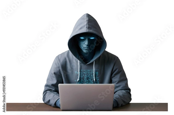 Fototapeta Hacker in Hoodie with Digital Face Code Mask Isolated on Transparent Background