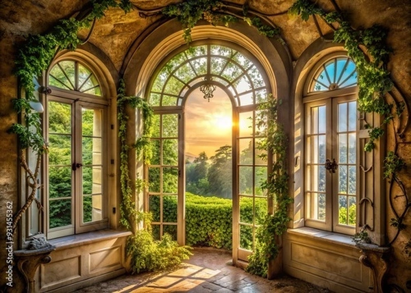 Fototapeta dreamy morning light pours through ornate oval window frames adorned with curly vines in a rustic french chateau