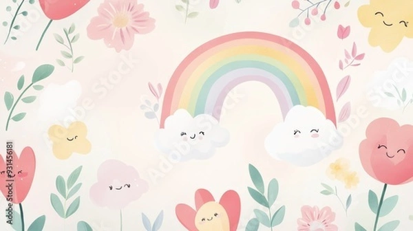 Obraz A whimsical design featuring flowers, a rainbow, and smiling clouds, perfect for children's decor.