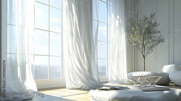 Fototapeta Sunlight streams through sheer curtains in a modern white living room with a white ottoman and a glass table.