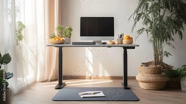 Fototapeta Balanced Work from Home Setup with Essential Healthy Routine Elements   Standing Desk Yoga Mat and Nutritious Snacks for Productivity and Wellbeing