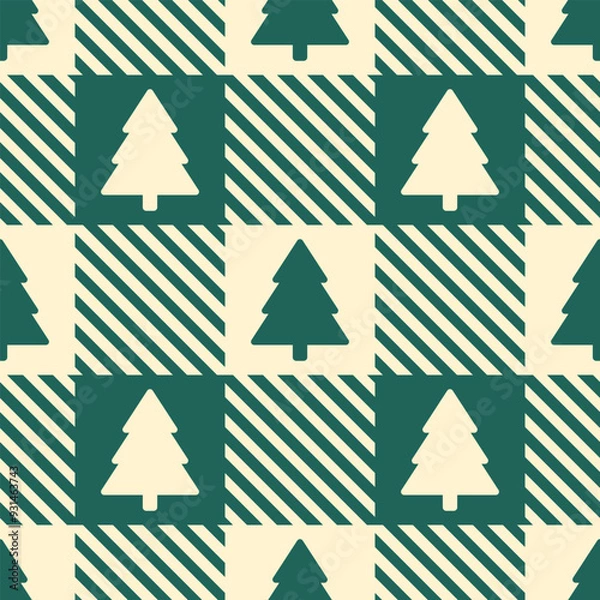 Fototapeta Green fir trees on beige gingham background. Vector seamless pattern. Best for textile, wallpapers, wrapping paper and seasonal decoration.