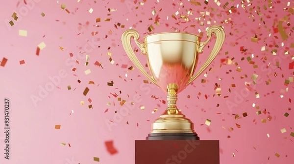 Fototapeta  Golden Trophy with Confetti Rain on a Green Field