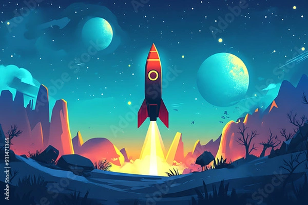 Fototapeta A rocket depicted in a flat art style, showcasing a sleek and minimalist design