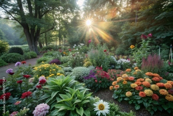 Fototapeta Serene morning scene of a lush garden awakening, vibrant flowers blooming in every color, dewy petals unfolding, warm sunlight filtering through lush green foliage.
