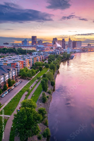 Obraz Saint Paul, Minnesota, USA. Aerial cityscape image of downtown St. Paul, Minnesota, USA with reflection of the skyline in Mississippi River at beautiful summer sunrise.