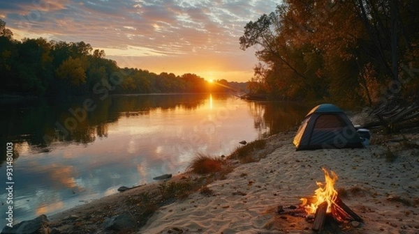 Obraz A_campsite_with_a_tent_and_campfire_on_a_sandy_rive