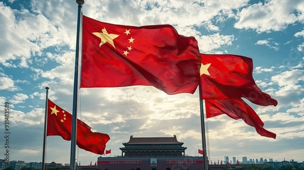 Fototapeta Majestic scene of the Great Wall adorned with red lanterns for a vibrant Chinese National Day celebration.