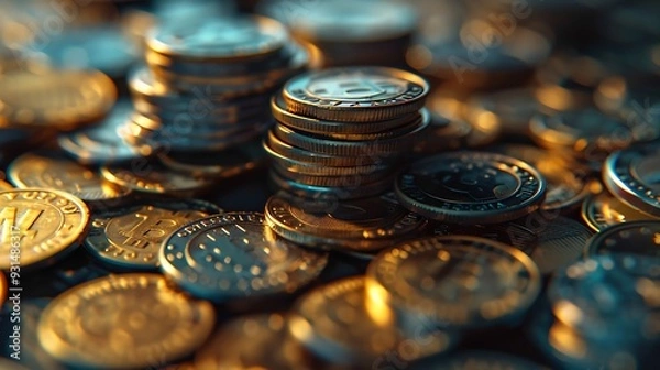 Fototapeta coins on a dark background coins scattered and stacked for background : Generative AI