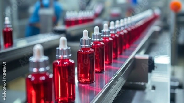 Obraz Cosmetics factory, production line, industrial. Plastic bottle moving on conveyor belt