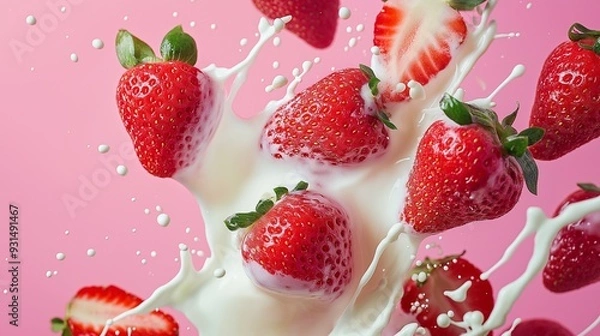 Obraz Strawberry falling into milk splash, dynamic health food