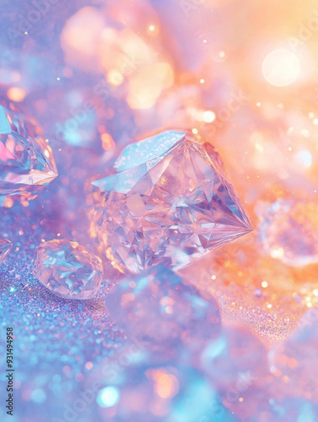 Fototapeta A pastel-colored background with lilac, chambray blue, and peach fuzz, highlighted by glitter and sparkly diamonds for a dreamy aesthetic