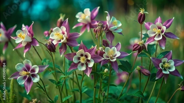 Fototapeta Delicate purple and white Common Columbine flowers of Aquilegia vulgaris bloom in a lush green meadow, swaying gently in the breeze, surrounded by natural scenery.