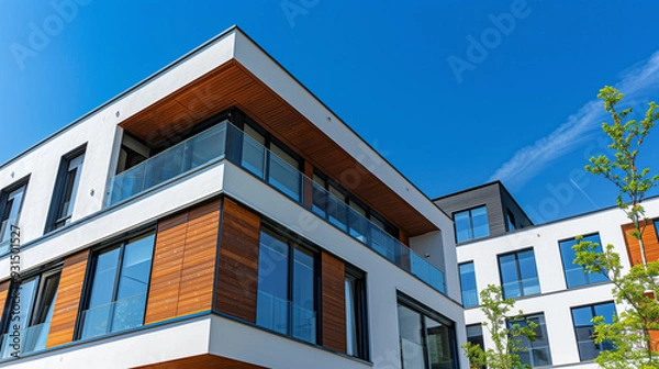 Fototapeta Fragment of a modern residential apartment with a flat building facade against a blue sky.
