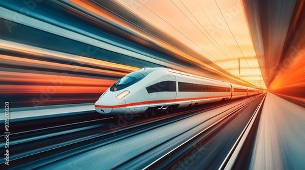 Fototapeta A state-of-the-art high-speed electro train with a streamlined silhouette, racing along a clean, modern track, with vibrant motion blur and a minimalist white background, reflecting a high-tech and